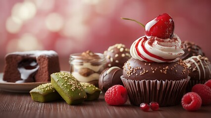 A delectable assortment of desserts including chocolate cupcake, lava cake, and tiramisu on a table