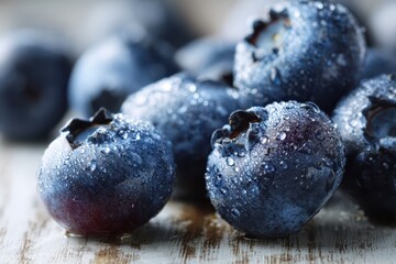 Close-up of a group of fresh blueberries with dew on a wooden surface, vibrant blue tones