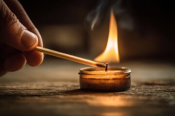 Close-up of a hand lighting a candle with a burning wooden match in a cozy indoor setting