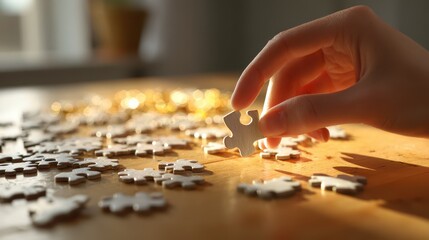 Close-up of a hand placing the final puzzle piece to complete a jigsaw puzzle