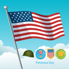 Hand drawn flat illustration collage in vertical layout showing American flag, Medal of Honor, and military hat for Veterans Day, Memorial Day, patriotic events, and holiday celebration templates