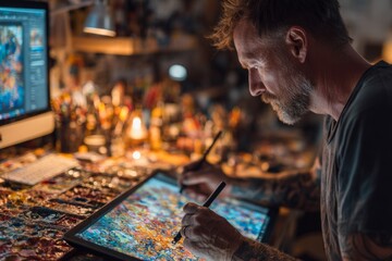 Creative man working on abstract painting using a digital drawing tablet and stylus