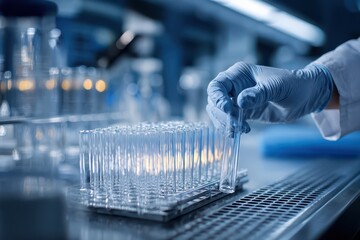 Close-up of a laboratory assistant placing glass test tubes into a metal rack on a clean benchtop