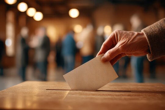 Close-up of a hand dropping a folded ballot into a wooden ballot box at a polling station, illustrating democratic participation