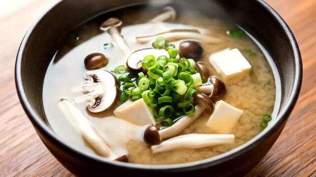 A bowl of steaming miso soup with mushrooms, tofu, and green onions on a wooden table