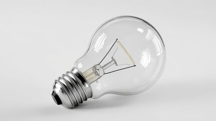 Close-up of a single clear light bulb on a white background with a warm glow