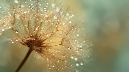Close-up of a single dandelion seed sparkling with dew in soft sunlight