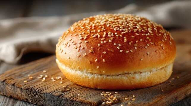 Close-up of a sesame seed burger bun with a crisp crust on wood - Powered by Adobe