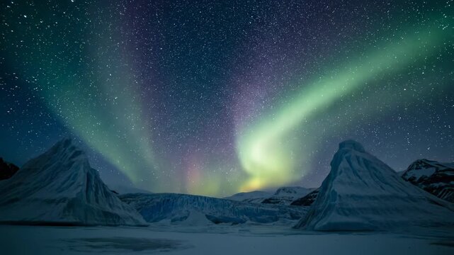 Aurora borealis lights up the arctic night sky over mountains and sea landscape