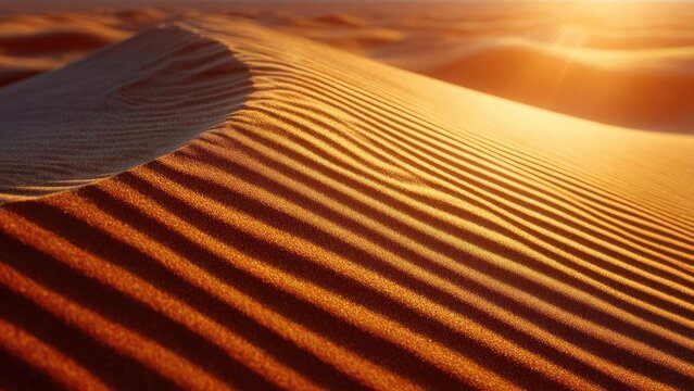 Golden desert dunes with wind-sculpted ridges illuminated by the warm sunset. Concept Desert Dunes, Sunset Glow, Wind-Sculpted Ridges, Golden Hour Lighting, Arid Landscape - Powered by Adobe