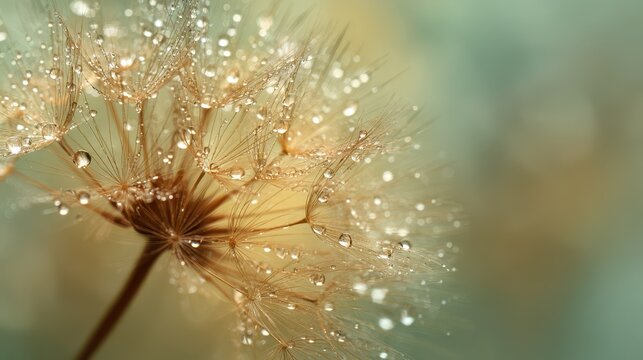 Close-up of a single dandelion seed sparkling with dew in soft sunlight