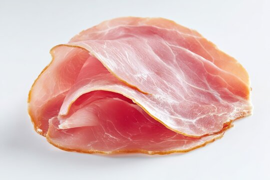Close-up of a single slice of deli ham on a pristine white backdrop
