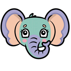 Cute cartoon elephant face with big expressive eyes and long trunk in pastel colors suitable for children's illustrations and designs