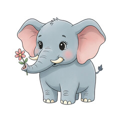 Cute cartoon elephant with pink flower and soft shading isolated on a transparent background in a whimsical illustration style