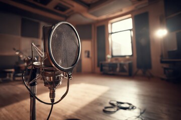 Close-up of a vocal microphone on a stand in a quiet studio with acoustic panels