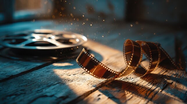 Close-up of a vintage film reel with unspooling strip under warm cinema lighting