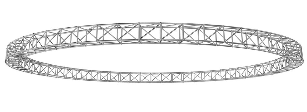 dynamic 3d render of a circular metal truss frame. perspective view for event staging, product showcases, and title sequences.