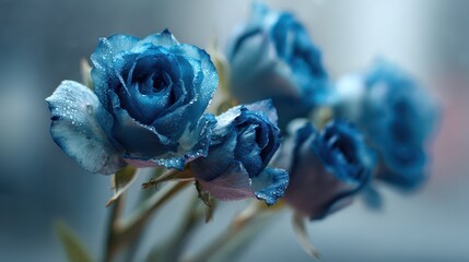 Close-up of blue roses in soft light with dew on petals