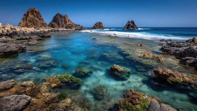 Rugged rocky coastline with turquoise tidal pools, jagged sea stacks, and a deep blue ocean under a clear sky. Concept Rugged Coastline, Turquoise Tidal Pools, Jagged Sea Stacks, Deep Blue Ocean