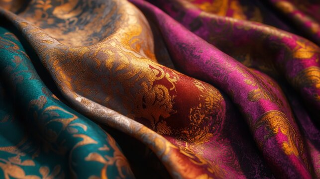 Closeup of luxurious, richly colored silk fabric with intricate gold brocade patterns draped in soft folds, showcasing vibrant texture