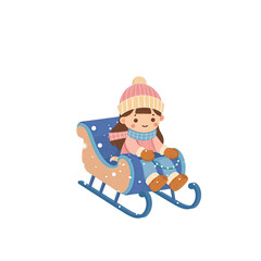 Cute Cartoon Girl Wearing Winter Clothes Riding a Sled Downhill in the Snow Wearing a Pink Hat Scarf and Mittens