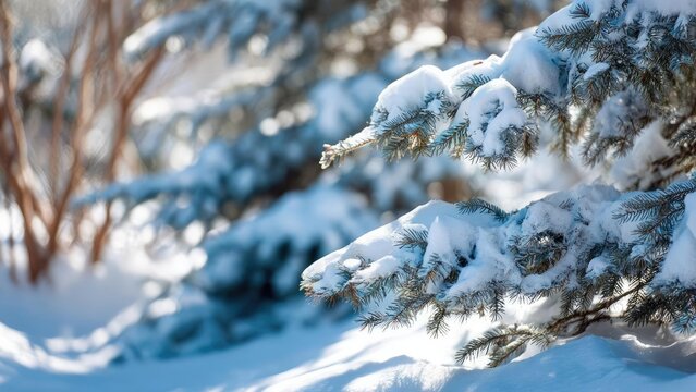 Snow-covered pine branches in a snowy winter landscape. Concept Snowy winter landscape, Snow-covered pines, Frosty pine branches, Winter photography, Snowy forest scene