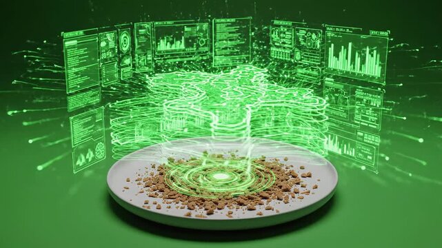 Futuristic Food Analysis A Plate of Cereal Undergoing Advanced Technological Scanning with Green Holographic Data Visualization and Digital Information Overlay. - Powered by Adobe