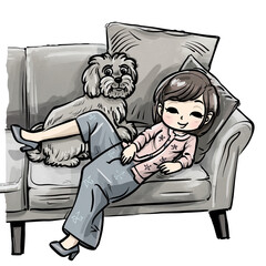 Cute cartoon illustration of a woman and a small fluffy dog relaxing on a gray sofa, playful pet behavior, happy lifestyle, cozy atmosphere, simple drawing style with clean lines and flat colors