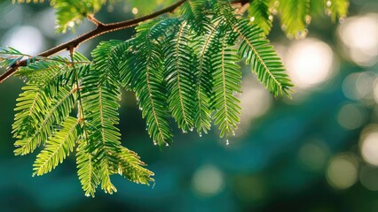 Close-up of bright green compound leaves with dew drops at the tips, sunlit against a soft blurred green background. Concept Close-up leaves with dew, Bright green compound leaves