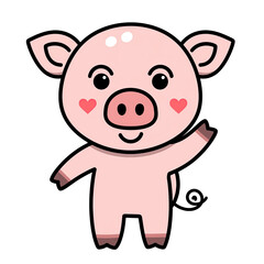 Cute cartoon pig waving with pink hearts on cheeks and a playful expression on a transparent background