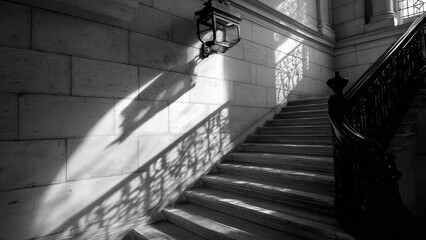 Black-and-white interior staircase with ornate iron railing and a wall lantern, shadows cast by patterned light on the stone wall. Concept Black-and-white architectural interior, Ornate iron railing