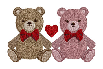 手刺繍の仲良しテディベアとハート