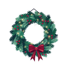 Festive Christmas Wreath with Green Pine Branches Red Berries Golden Lights and Deep Red Bow on Transparent Background