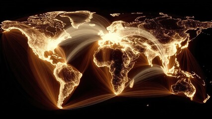 Glowing world map showing global data connections and internet traffic with curved golden light trails. Concept Glowing world map with data networks, Global internet traffic visuals