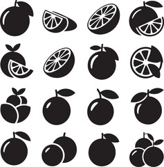Collection of minimalist orange citrus fruit illustrations in black and white