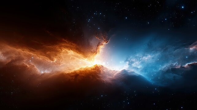 A vibrant and colorful depiction of a nebula in deep space, featuring swirling clouds of gas and dust illuminated by the light of distant stars.