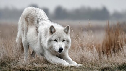 A white wolf crouched low in tall grass, stalking across an open field. Concept White Wolf in Tall Grass, Open Field Stalking, Silent Predator, Tall Grass Camouflage, Wildlife Photography