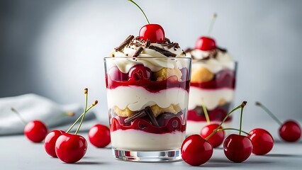 Delicious cherry dessert in glasses with whipped cream and chocolate shavings on a light background