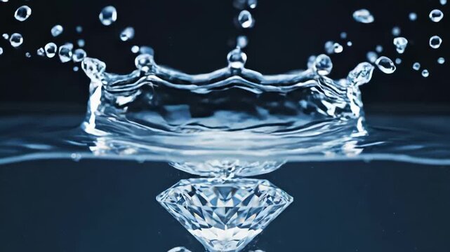 diamond dropping into water, close-up of crystal brilliance and precise facets, dramatic dark background, high-speed capture of crown splash and sparkling droplets, opulent and pristine visual