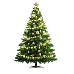 Festive Green Christmas Tree Adorned With Golden Ornaments and Twinkling White Lights Topped With a Star Isolated on a Black Background
