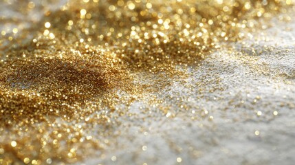 A cascade of golden glitter dust, scattered across a bright, textured surface, creates an abstract art piece.