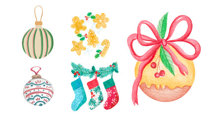 A bright set of Christmas ornaments, stockings, flowers, and a large ribbon bow. Perfect for holiday cards, packaging, digital scrapbooking, and festive designs.