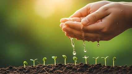 Fototapeta premium Hands watering young seedlings sprouting from soil in sunlight