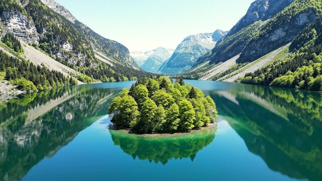 Aerial View of Lake Plansee with Island and Mountain Reflections in Austria