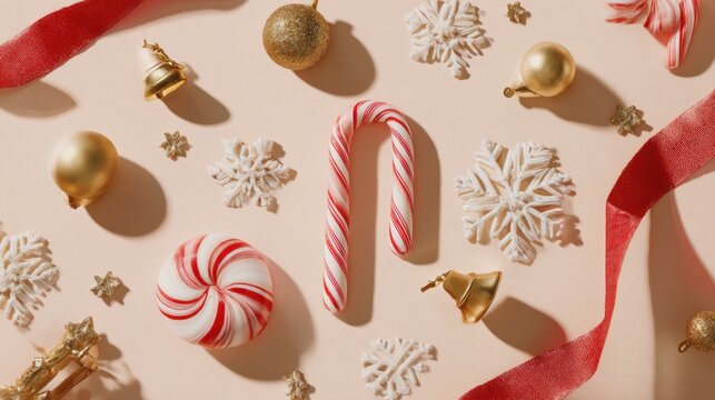 Festive flat lay featuring candy canes, gold ornaments, snowflakes, and a red ribbon on a soft background.