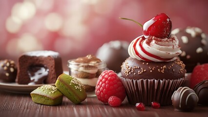 A delectable assortment of desserts featuring chocolate cupcake and various pastries on a wooden surface