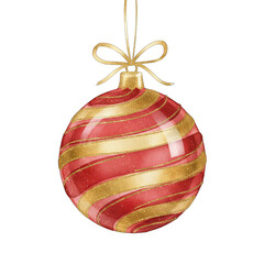 Festive Red and Gold Swirl Christmas Ornament with Glitter Detail Hanging by a Golden Bow on a Transparent Background