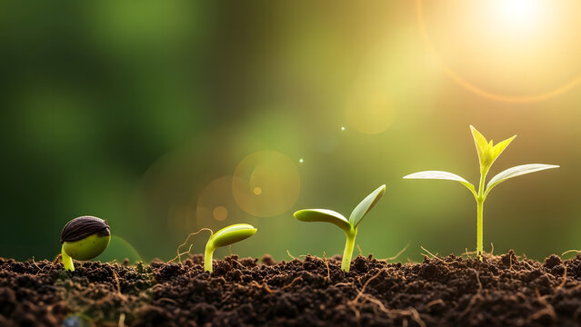 Sequential sprout growth a plant s journey from seed to sapling in sunlight