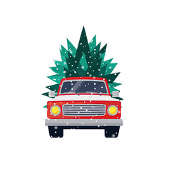 Festive Red Truck Carrying a Green Christmas Tree in Snowy Weather with a Transparent Background Ideal for Holiday Branding and Promotions