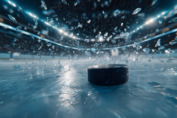 A hockey puck flying across the ice